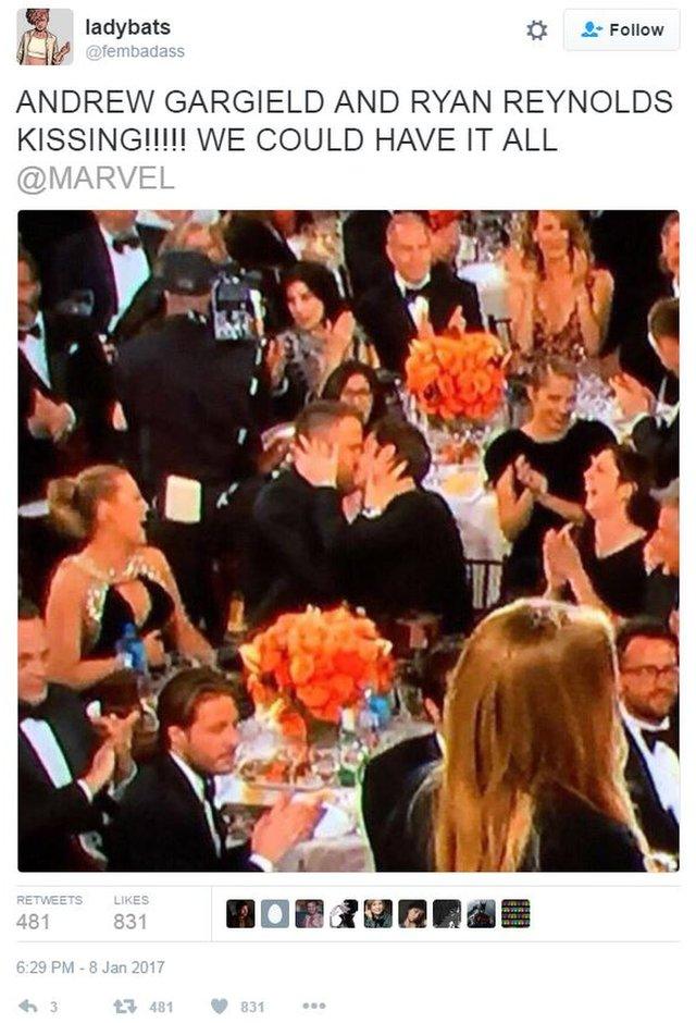 An ecstatic tweet about the kiss between Ryan Reynolds and Andrew Garfield