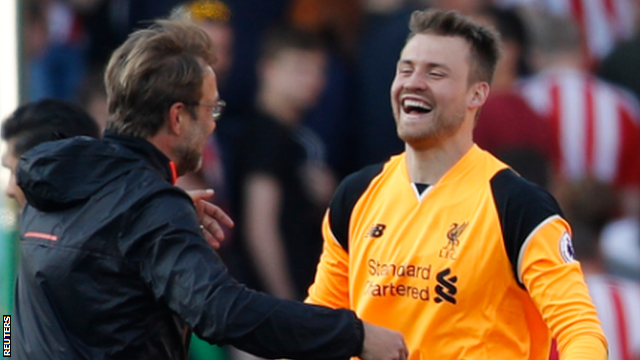 Liverpool goalkeeper Simon Mignolet (right) at the end of his side's win at Stoke City with manager Jurgen Klopp