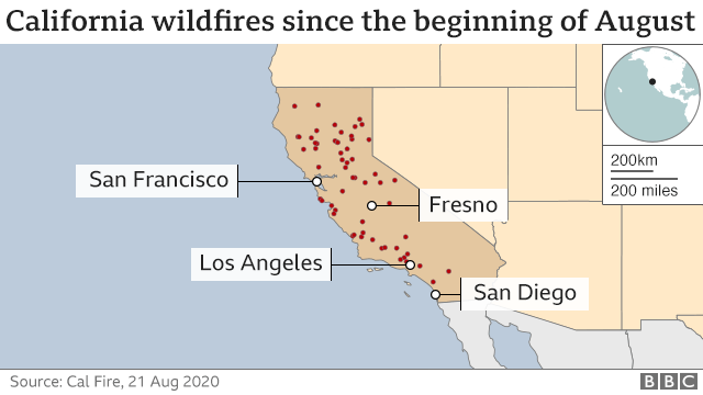 Map of wildfires in California since beginning of August