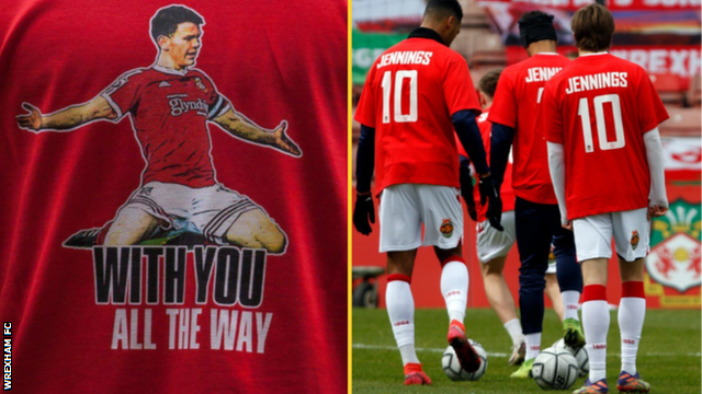 Players from Connor Jennings' former club Wrexham wore T-shirts in support of the forward before their home match with Stockport on 10 April