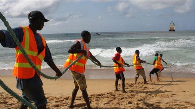 Fibre optic cable being pulled from the sea