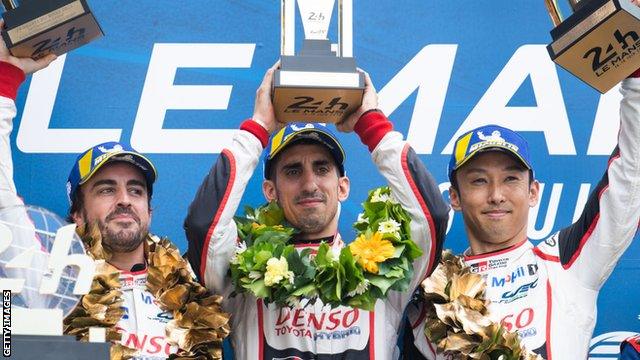 Fernando Alonso on the podium of the Le Mans 24 Hours