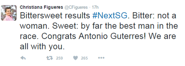 Tweet: "Bittersweet results #NextSG. Bitter: not a woman. Sweet: by far the best man in the race. Congrats Antonio Guterres! We are with you."