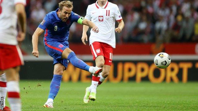 Harry Kane scores for England against Poland in a World Cup qualifer