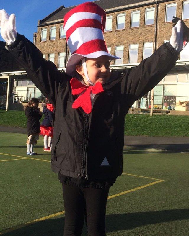 Katie dressed up as Dr Seuss' The Cat in the Hat