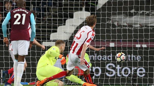 Joe Hart watches as Peter Crouch scores for Stoke City against West Ham