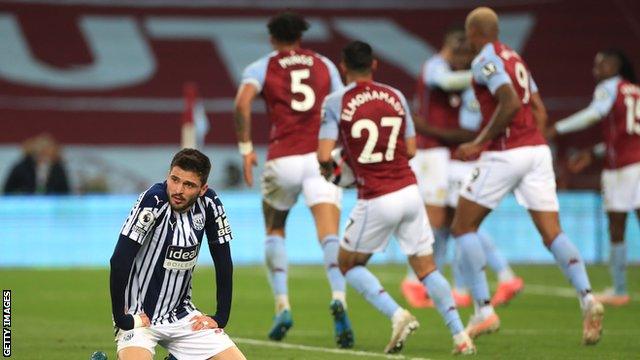 West Brom's Okay Yokuslu reacts after Aston Villa score a late equaliser