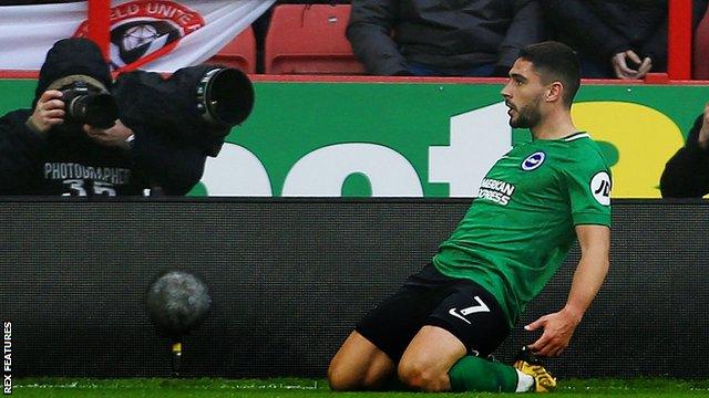 Brighton forward Neal Maupay celebrates scoring against Sheffield United