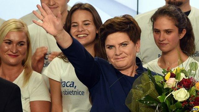 Beata Szydlo, candidate for prime minister of the Law and Justice Party, gestures to supporters