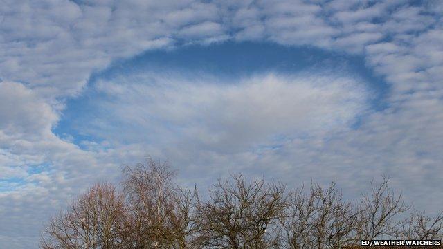 A sky full of clouds with a large hole punch through the middle