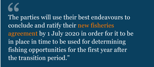 Text from political declaration saying: The Parties will use their best endeavours to conclude and ratify their new fisheries agreement by 1 July 2020 in order for it to be in place in time to be used for determining fishing opportunities for the first year after the transition period.