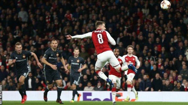 Aaron Ramsey scores against CSKA Moscow in the Europa League