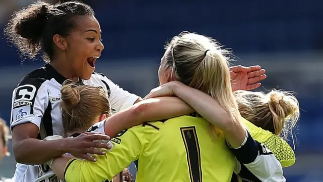 Notts County players celebrate goal against Everton in Women's FA Cup semi-final