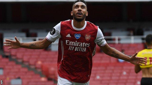 Pierre-Emerick Aubameyang celebrates scoring for Arsenal against Watford