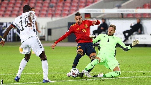 Rodrigo in action for Spain against Germany in the Nations League