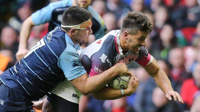 Rhys Webb powers over to score for the Ospreys against the Cardiff Blues