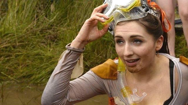 Jade Edwards after taking part in the 30th World Bog Snorkelling Championships at Waen Rhydd peat bog in Llanwrtyd Wells