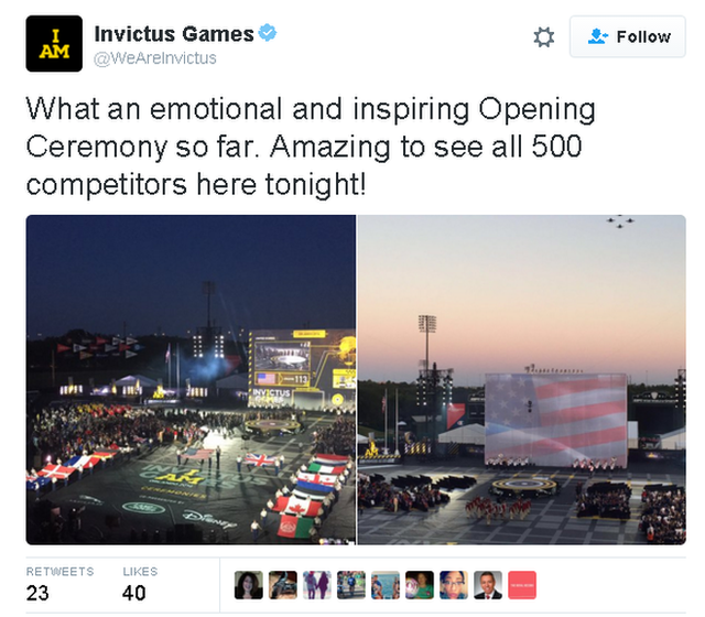 Tweet by @weareinvictus: What an emotional and inspiring Opening ceremony so far. Amazing to see all competitors here tonight!