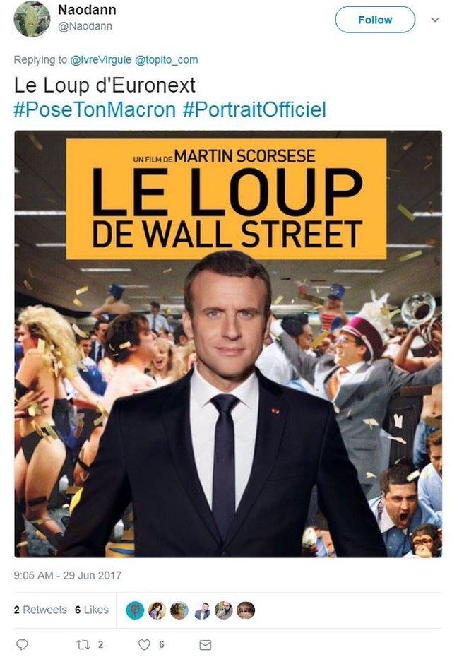 A photoshopped picture of President Macron on the Wolf of Wall Street film poster