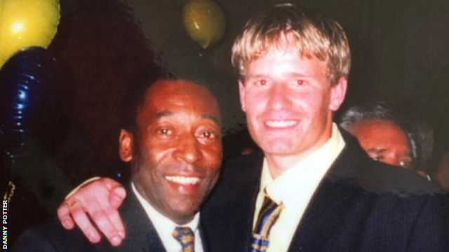 Danny Potter with Brazilian football legend Pele at Chelsea's 1997 FA Cup final winning party