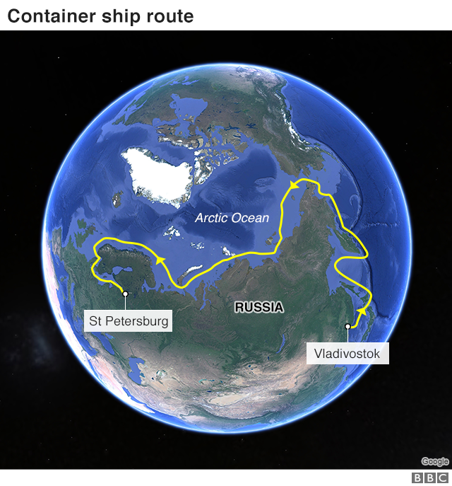 Map showing container ship route