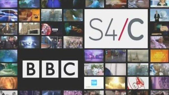 BBC and S4C logos against a bank of TV screens