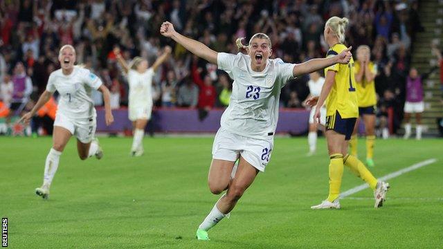 England's Alessia Russo celebrates scoring against Sweden at Euro 2022