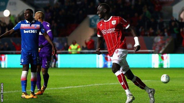 Famara Diedhiou celebrates scoring against Stoke