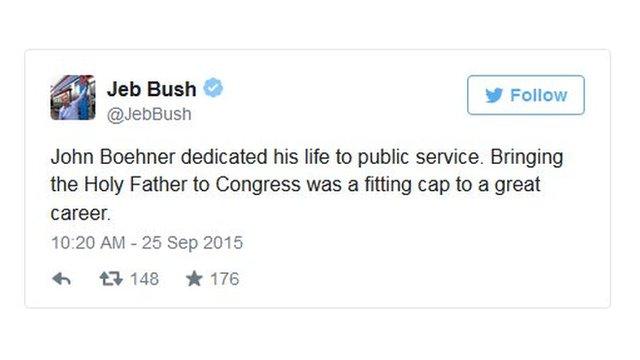 Tweet by Jeb Bush: John Boehner dedicated his life to public service. Bringing the Holy Father to Congress was a fitting cap to a great career.