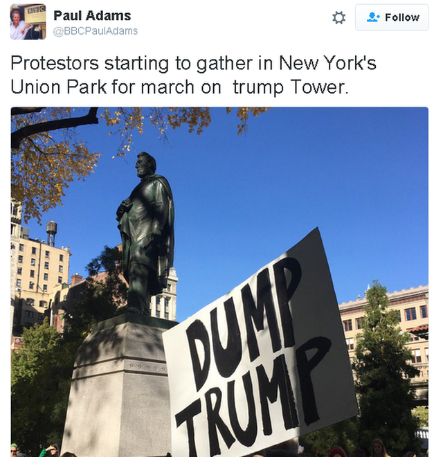 Tweet reads "Protestors starting to gather in New York's Union Park for march on Trump Tower," images shows people with sign reading "Dump Trump"