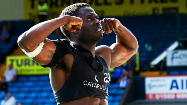 Johnstone’s Benjamin Kimpioka celebrates after scoring to make it 3-0 during a William Hill Premiership match between Kilmarnock and St Johnstone at Rugby Park