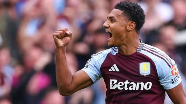 Ollie Watkins celebrates after scoring a goal for Aston Villa against Wolves. 