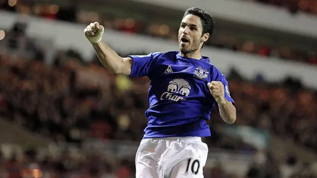 Mikel Arteta celebrates scoring for Everton against Sunderland