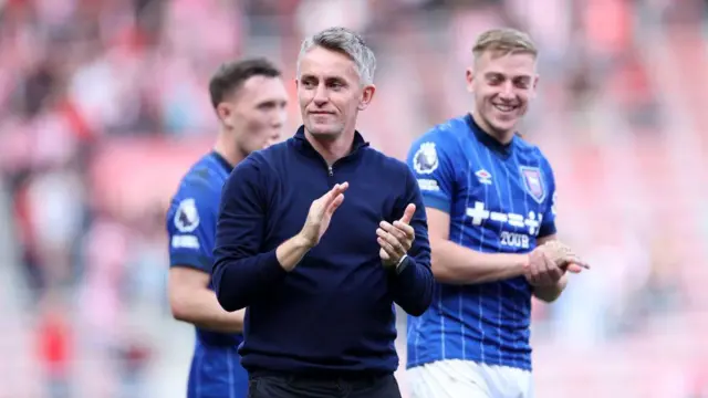 Kieran McKenna, Manager of Ipswich Town, acknowledges the fans after the Premier League match between Southampton FC and Ipswich Town FC at St Mary's Stadium