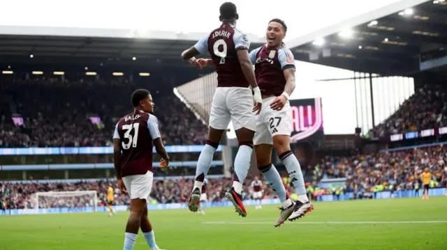 Jhon Duran celebrates his goal for Aston Villa during the Premier League match between Aston Villa and Wolverhampton Wanderers at Villa Park.