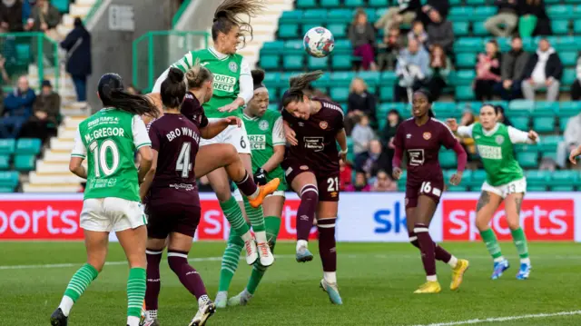 ibernian's Jorian Baucom (C) scores to make it 2-0 during a Scottish Power Women's Premier League match between Hibernian and Heart of Midlothian at Easter Road 