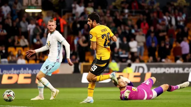 Goncalo Guedes scores for Wolves against Burnley