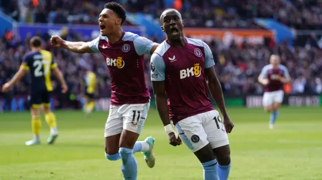 Ollie Watkins and Moussa Diaby celebrate