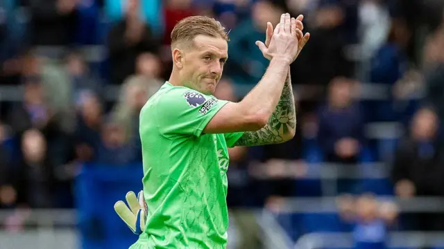 Jordan Pickford applauds the Everton fans after the win over Crystal Palace in the Premier League