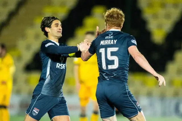  Ross County's Simon Murray (no. 15) celebrates with Yan Dhanda after scoring to make it 1-0 during a cinch Premiership match between Livingston and Ross County at the Tony Macaroni Arena