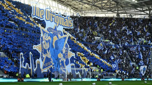 A general view of a tifo displayed by Everton fans
