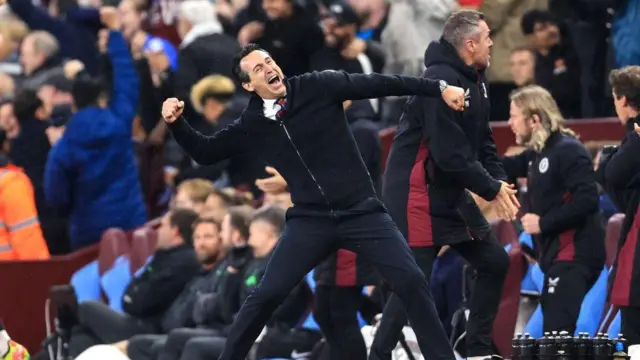 Aston Villa manager Unai Emery celebrating