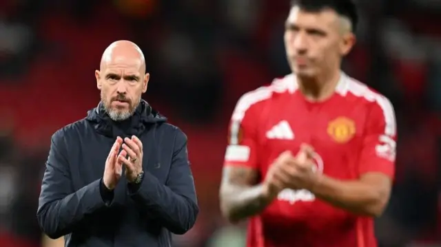 Manchester United manager Erik ten Hag (left) applauds after the 1-1 Europa League draw with FC Twente