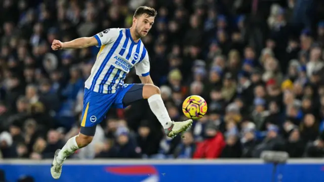 Brighton's Dutch defender #34 Joel Veltman controls the ball during the English Premier League football match between Brighton and Hove Albion and Arsenal at the American Express Community Stadium