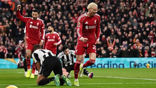 Hugo Ekitike wheels away after scoring for Liverpool against Newcastle