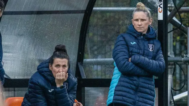 Glasgow City Head Coach Natalie Ross (R) and Assistant Coach Leanne Crichton (L) during an SWPL match between Glasgow City and Rangers at Petershill Park