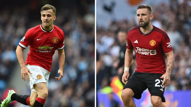 Manchester United defender Luke Shaw in 2014 and 2024