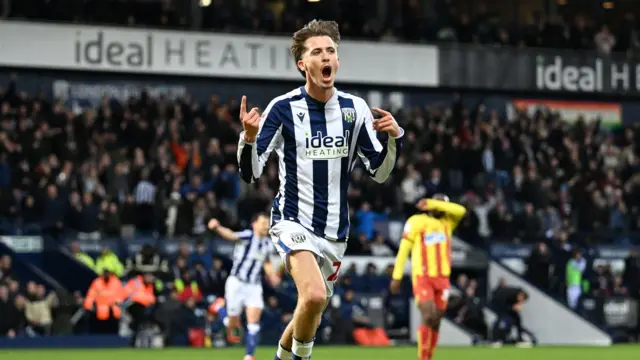 Isaac Price celebrates his goal for West Bromwich Albion against Watford in April