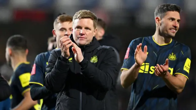 Eddie Howe applauds fans after win over Blackburn in FA Cup