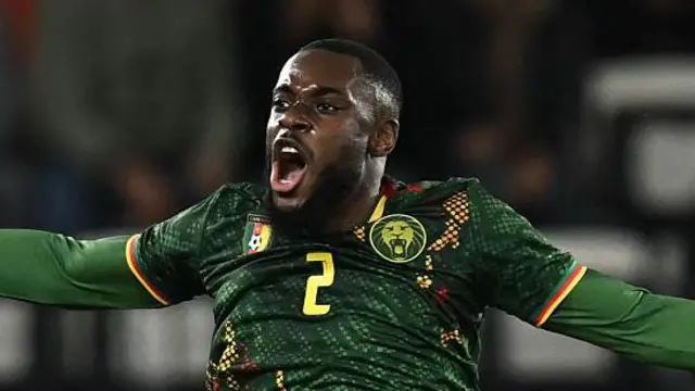 Junior Tchamadeu celebrating scoring his first international goal for Cameroon against South Africa